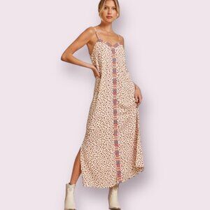 Savanna Jane Boho Maxi Dress L Embroidered Spaghetti Strap Leopard Print Rayon